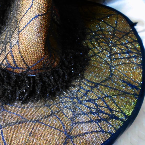 Couture Glamour Witch Hat for Costume, Gold Lame, Spider Web Lace, Feather - Picture 4 of 11
